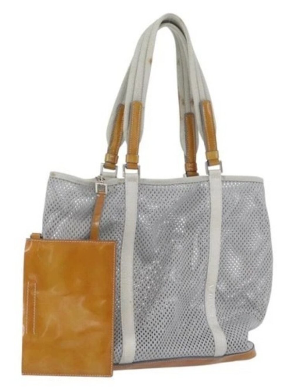 PRADA Mesh Sports Hand Bag Nylon patent leather Gray Silver Auth 173584